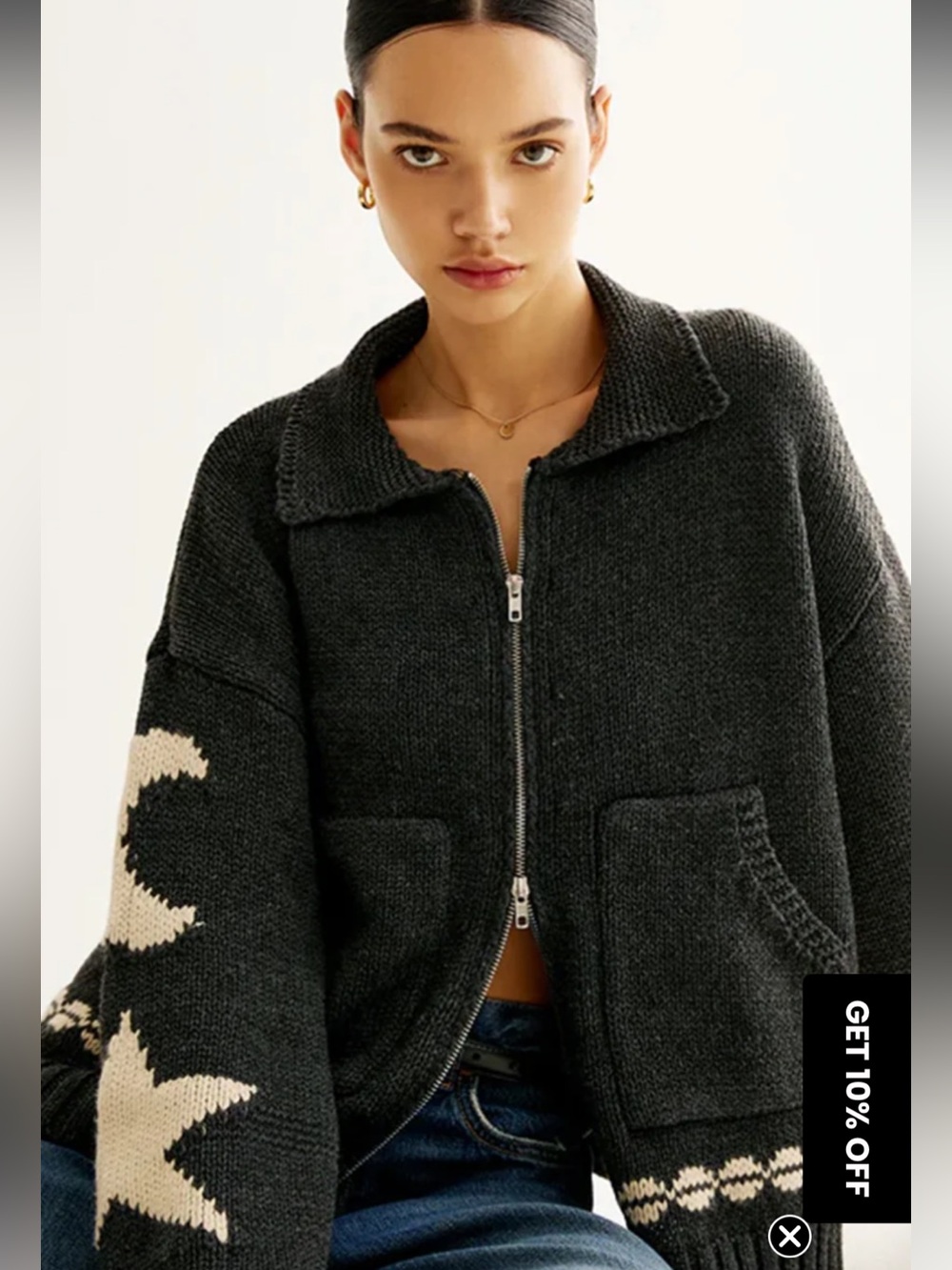 Black Star Zip-Front Knit Jacket